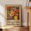 United States Navy travel poster featuring a ship in blue and red tones - beside a round wooden side table with books