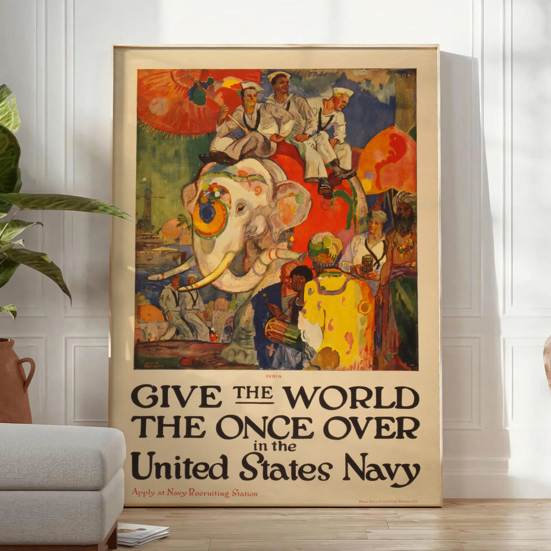 United States Navy travel poster featuring a ship in blue and red tones - in a bright minimalist room with a plant and an armchair