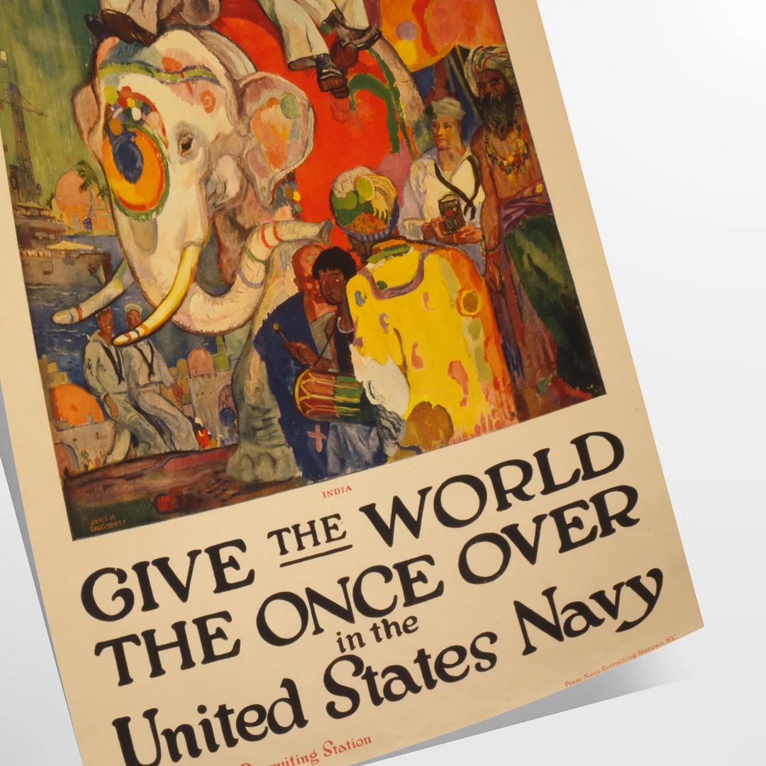 United States Navy travel poster featuring a ship in blue and red tones - as a rolled, unframed print