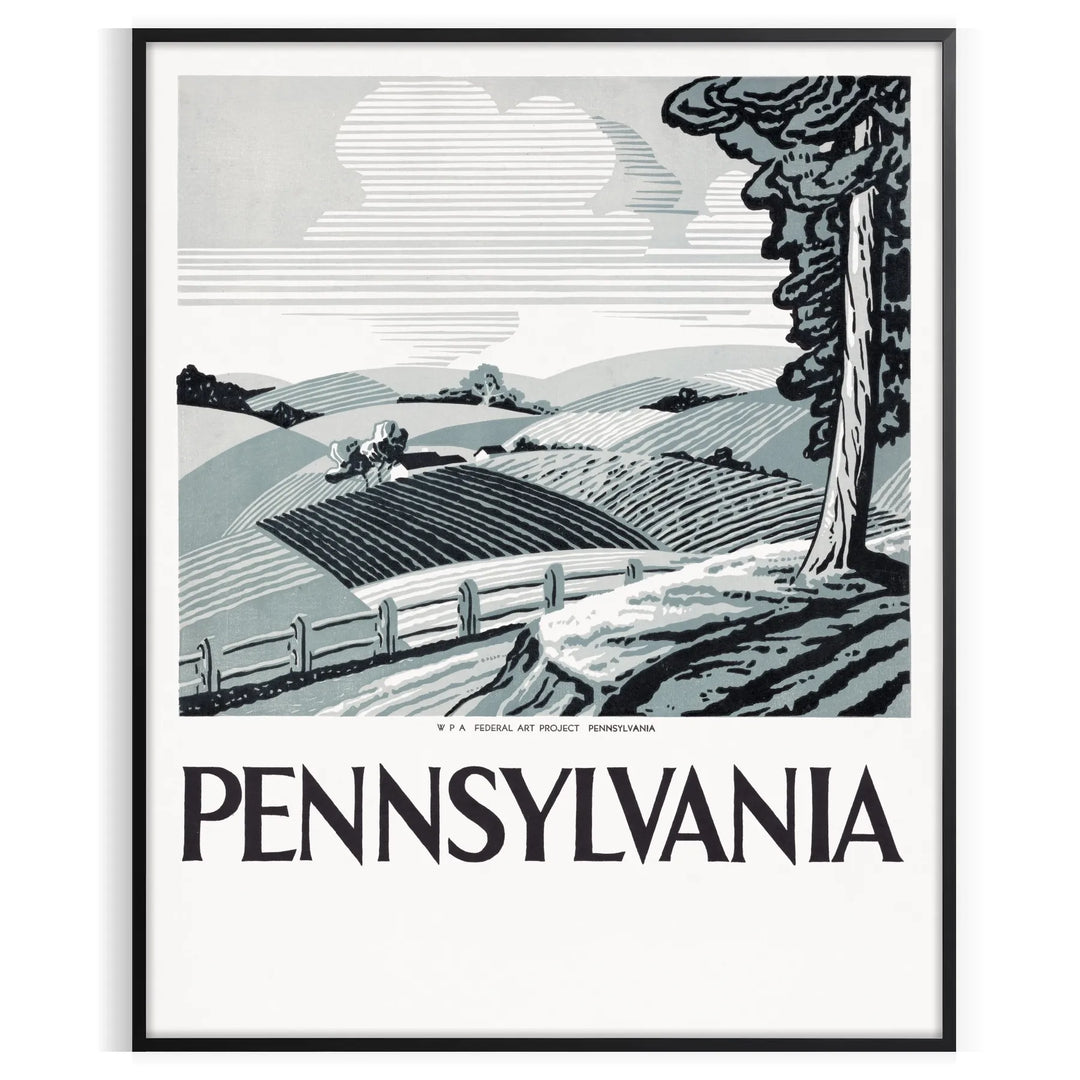 Stylized travel poster of Pennsylvania featuring gray and black tones