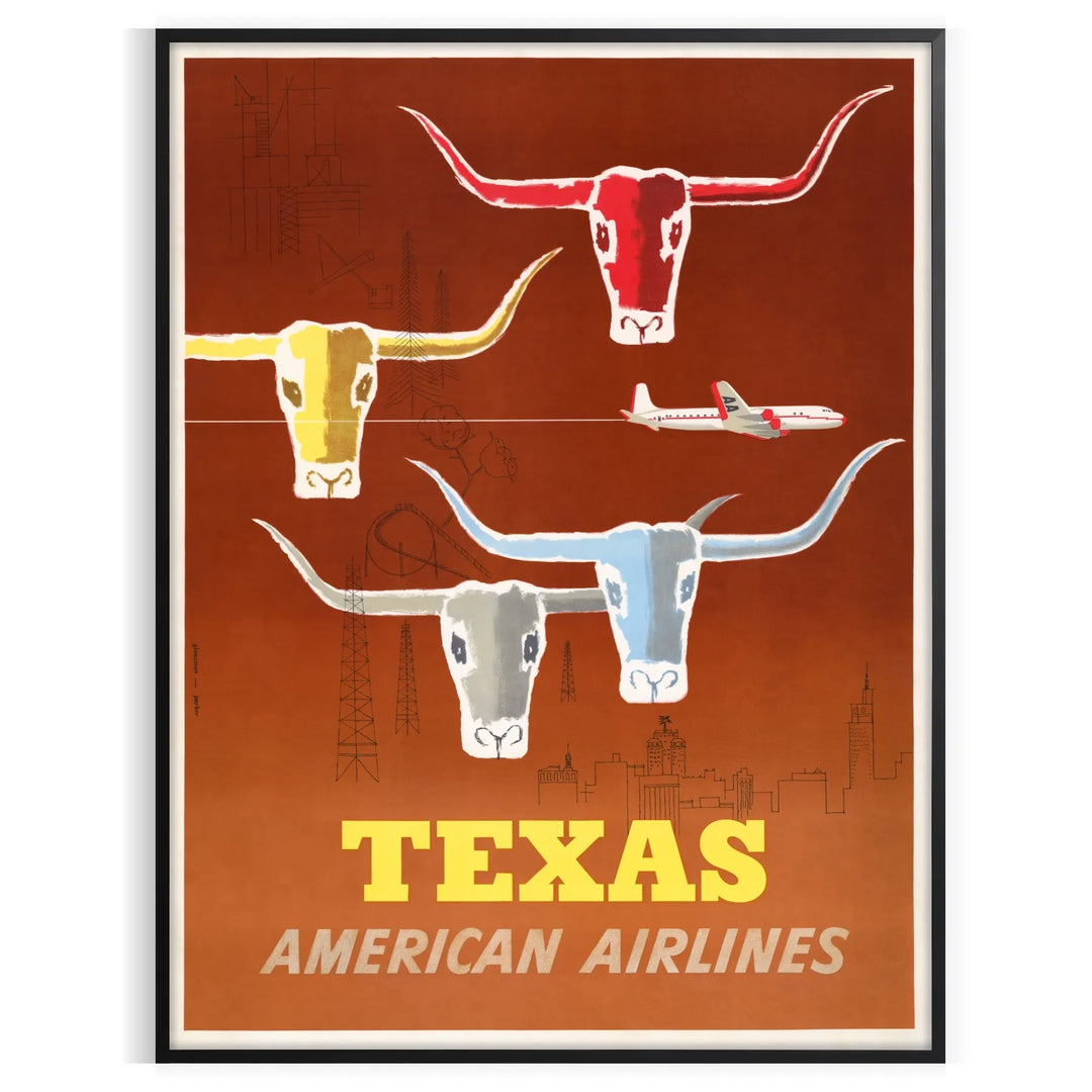 American Airlines travel poster featuring Texas with bold orange and yellow colors