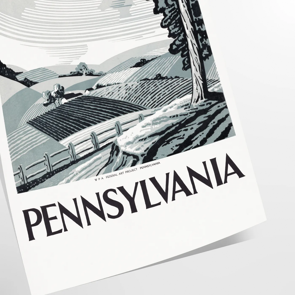 Stylized travel poster of Pennsylvania featuring gray and black tones