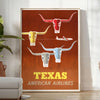 American Airlines travel poster featuring Texas with bold orange and yellow colors - in a bright minimalist room with a plant and an armchair