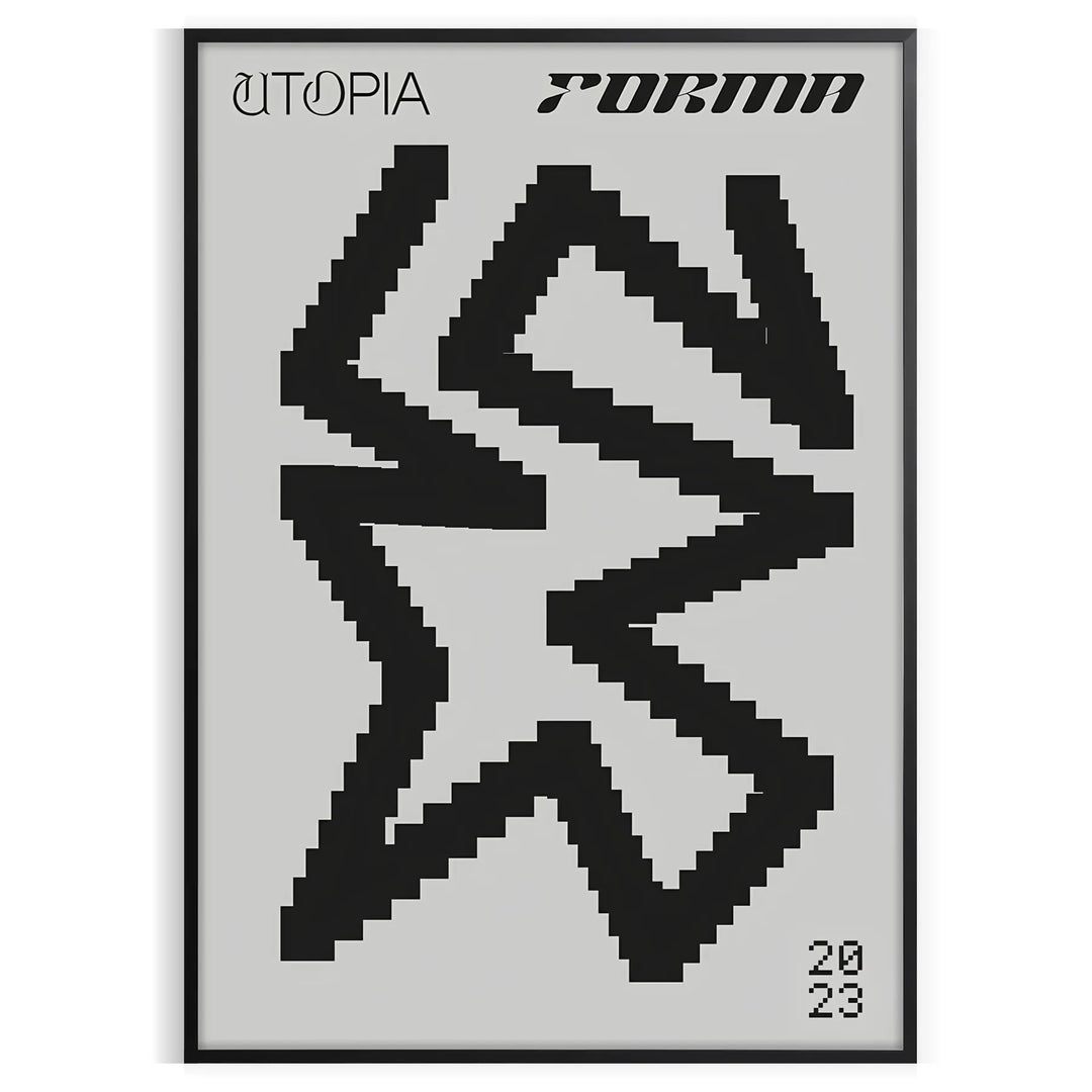Abstract composition with black and blue shapes representing a modern utopia