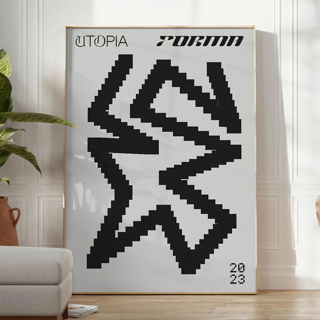 Composição abstrata com formas pretas e azuis representando uma utopia moderna - num quarto luminoso e minimalista com planta e poltrona