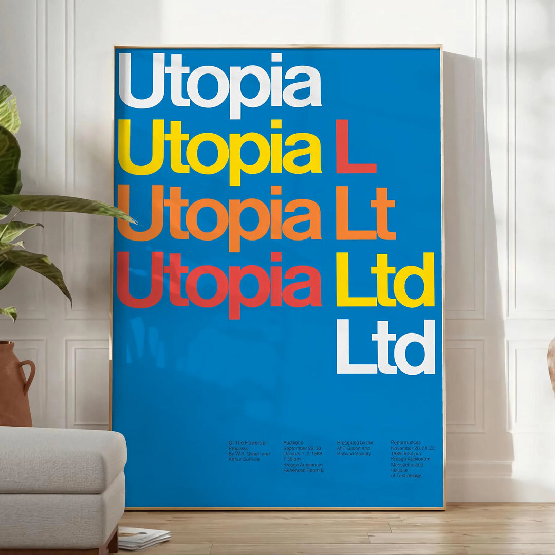 Representação abstrata de uma paisagem utópica com tons amarelos e azuis - num quarto luminoso e minimalista com planta e poltrona