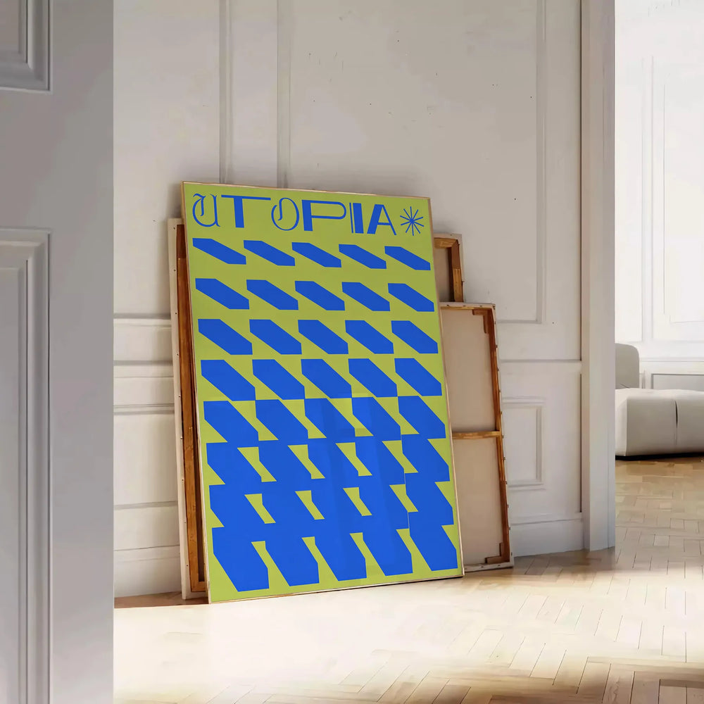 Abstract depiction of a serene utopia with green and blue tones