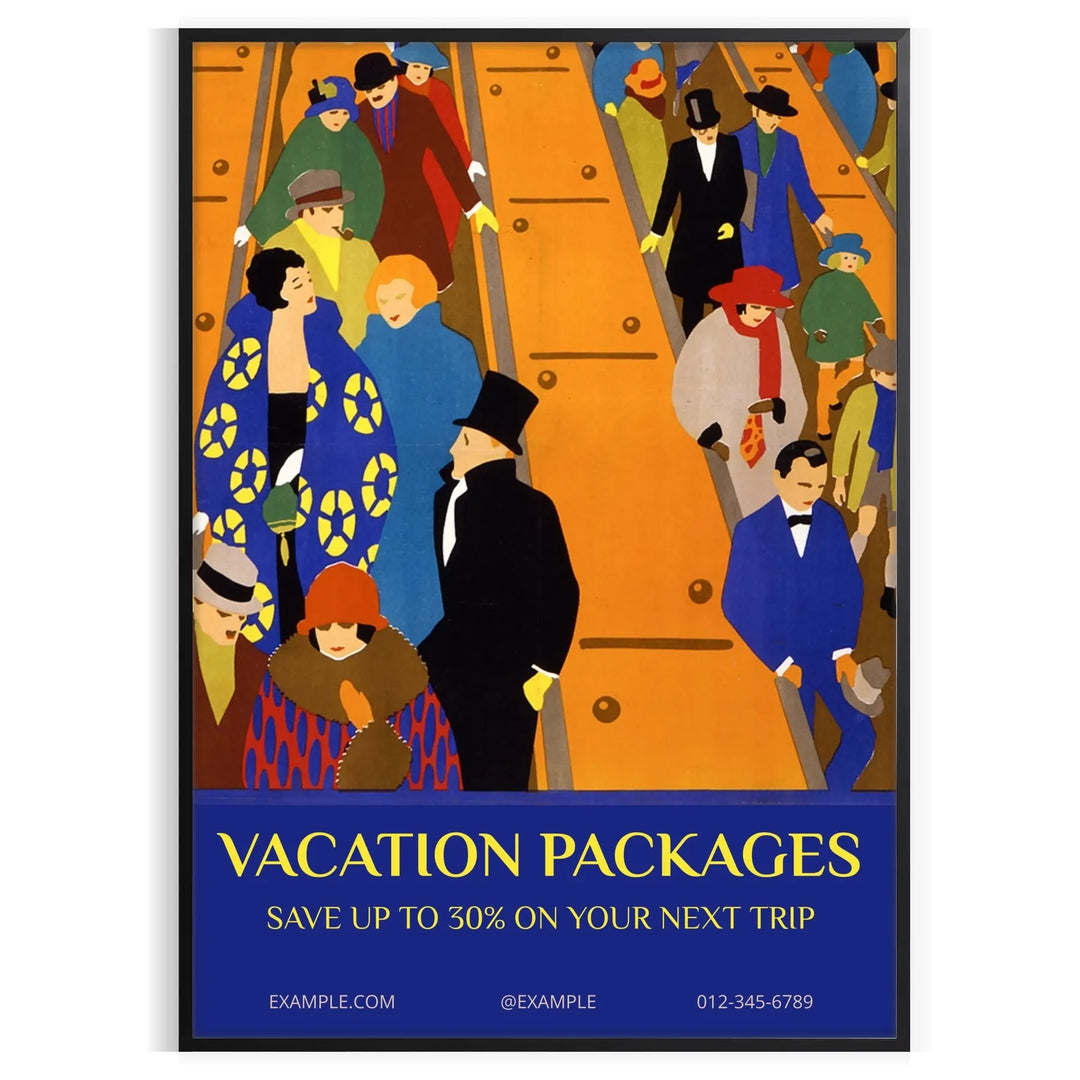 A travel poster featuring a serene landscape in green and blue hues