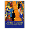 A travel poster featuring a serene landscape in green and blue hues - in a black frame