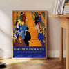 A travel poster featuring a serene landscape in green and blue hues - beside a round wooden side table with books