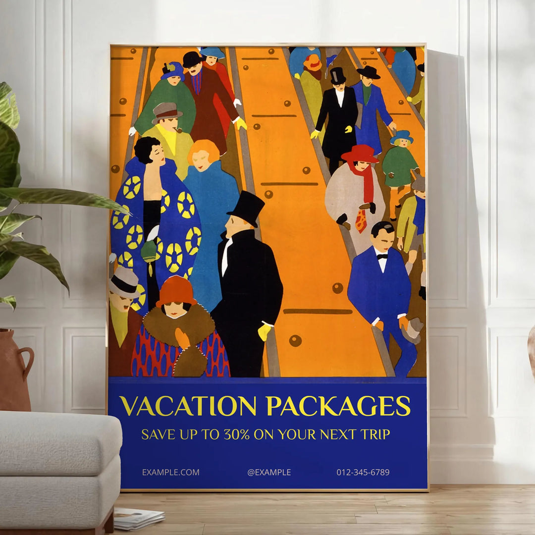 A travel poster featuring a serene landscape in green and blue hues - in a bright minimalist room with a plant and an armchair