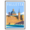 Illustration of Valletta, Malta, featuring green and blue tones in a travel poster style - in a black frame