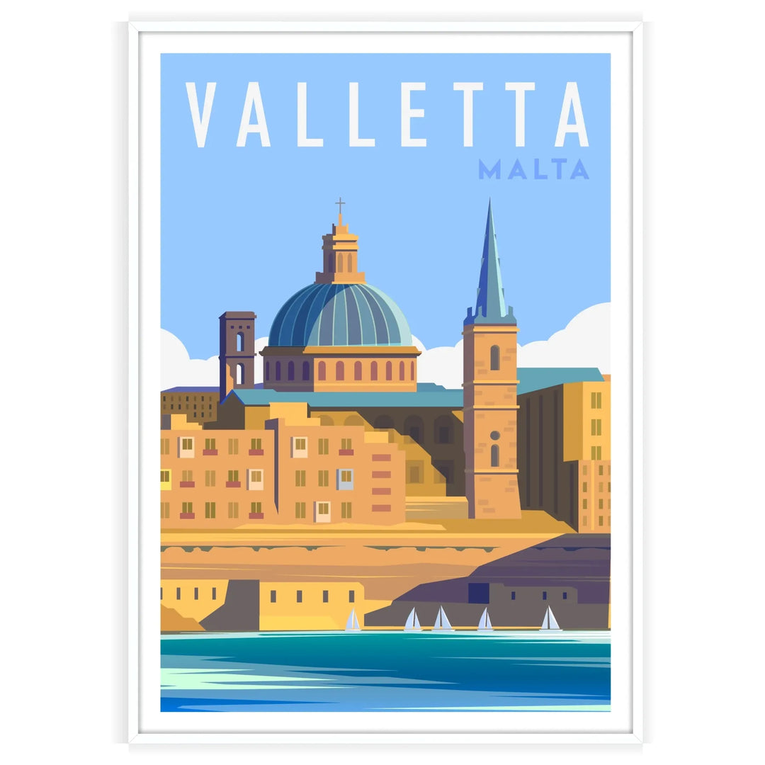 Illustration of Valletta, Malta, featuring green and blue tones in a travel poster style - in a white frame