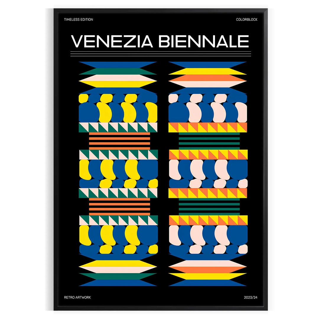 Modern art poster featuring bold black and yellow colors inspired by Venezia Biennale