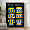 Póster de arte moderno con colores negros y amarillos audaces inspirado en la Bienal de Venecia - en una habitación luminosa y minimalista con planta y sillón