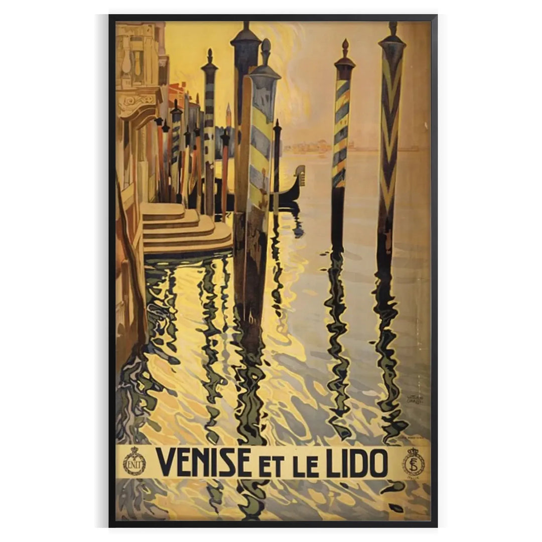 Stylized illustration of Venice canals with gondolas, in gray and black tones