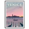 Vintage travel poster featuring Venice's canals in green and blue hues - in a black frame