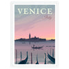 Vintage travel poster featuring Venice's canals in green and blue hues - in a white frame