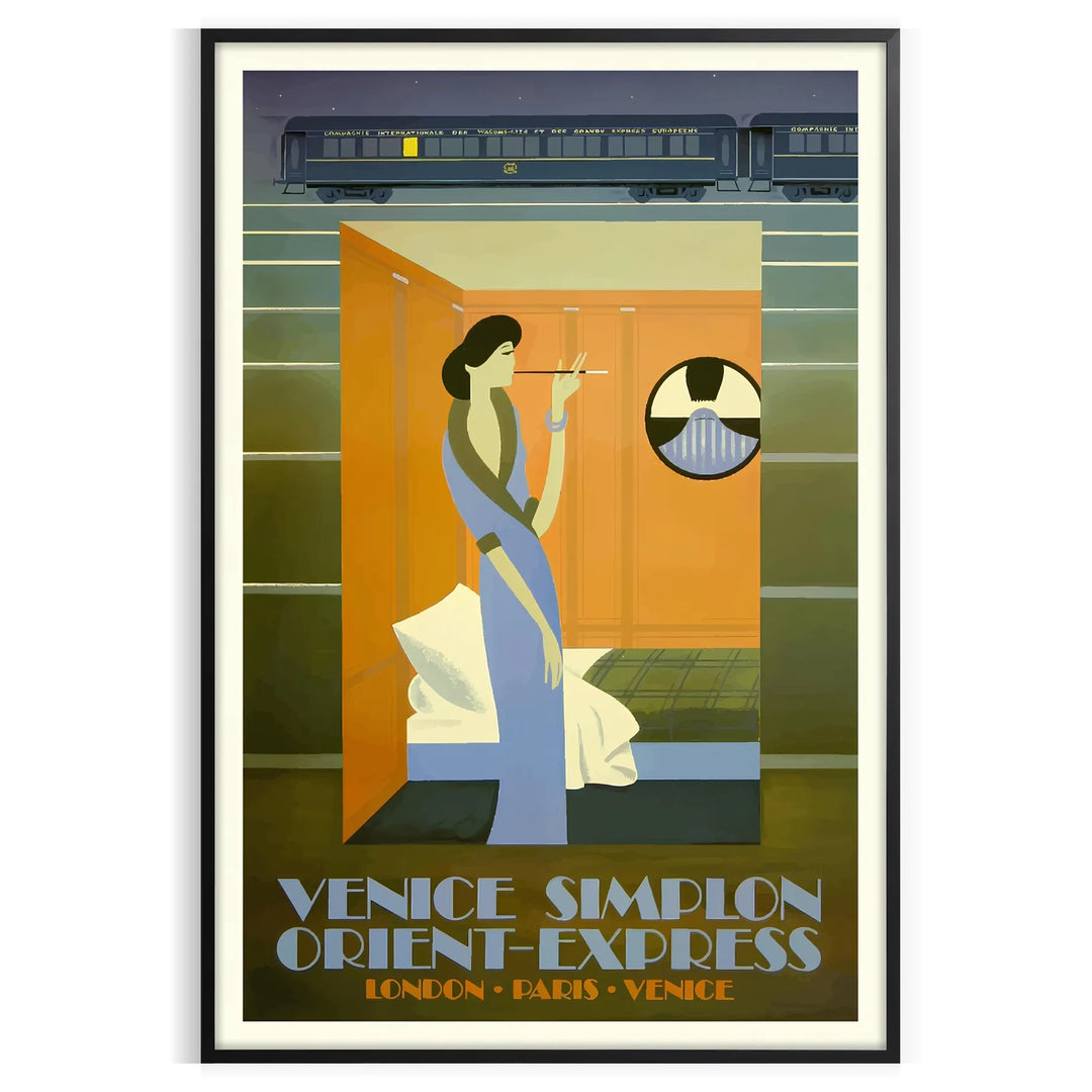 Vintage travel poster featuring the Venice Simplon train in rich browns and greens