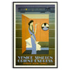 Vintage travel poster featuring the Venice Simplon train in rich browns and greens - in a black frame