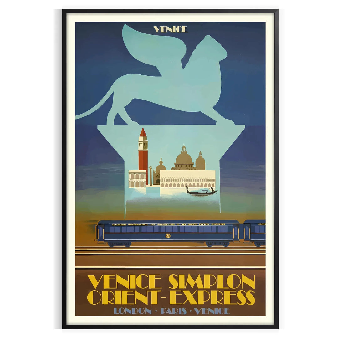 Vintage travel poster featuring the Venice Simplon train with orange and green hues