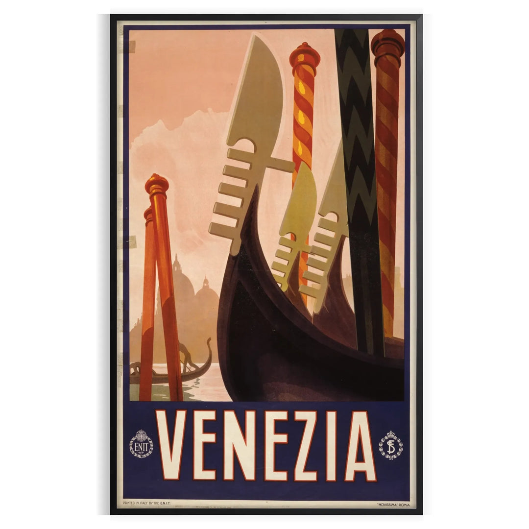 A vintage-style poster featuring iconic Venice canals and gondolas in green and black tones
