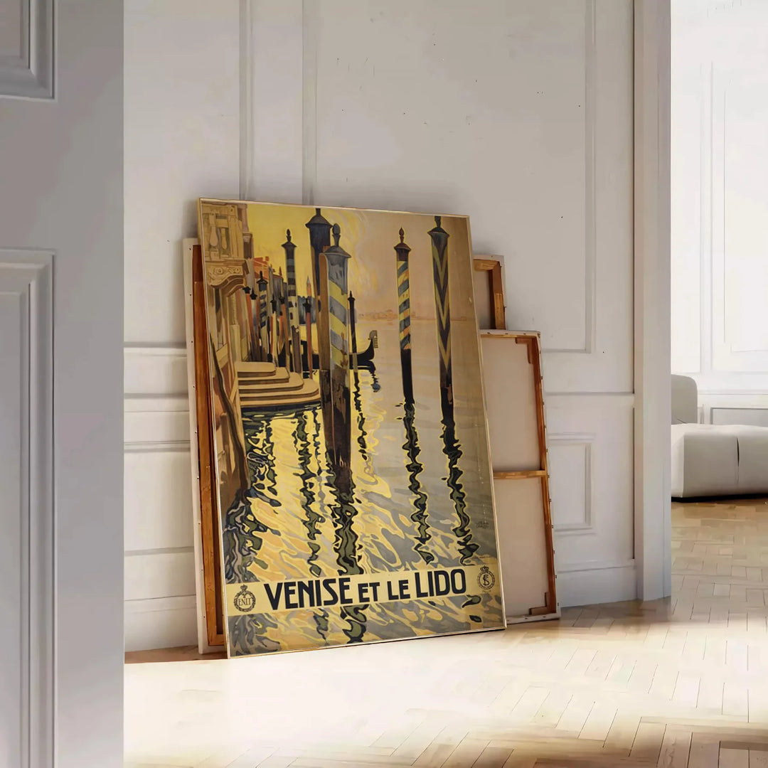 Stylized illustration of Venice canals with gondolas, in gray and black tones - leaning on a herringbone floor against a white panelled wall