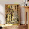 Stylized illustration of Venice canals with gondolas, in gray and black tones - beside a round wooden side table with books