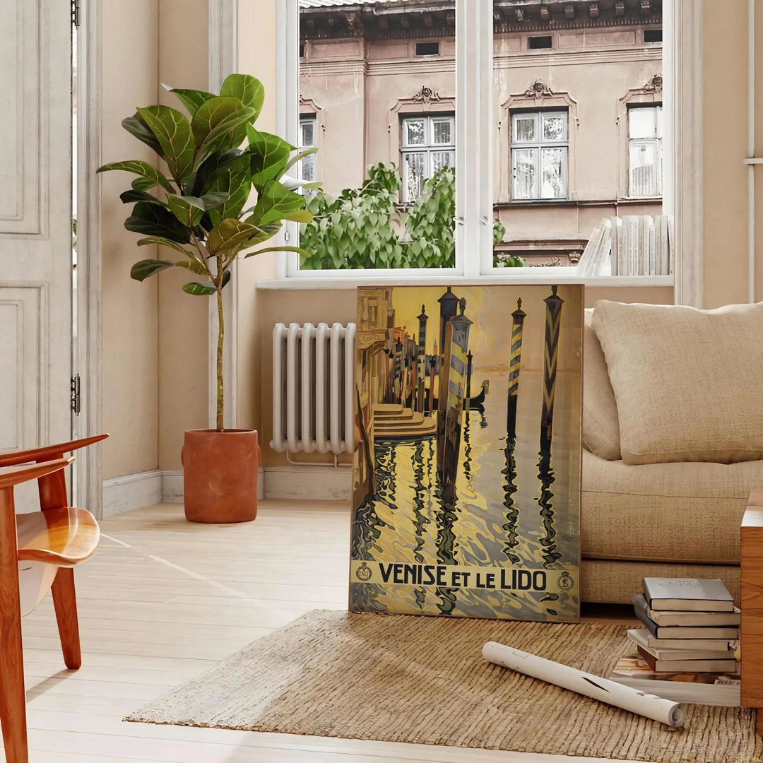 Stylized illustration of Venice canals with gondolas, in gray and black tones - in a Parisian living room with a sofa and a fig plant