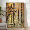 Stylized illustration of Venice canals with gondolas, in gray and black tones - in a bright minimalist room with a plant and an armchair