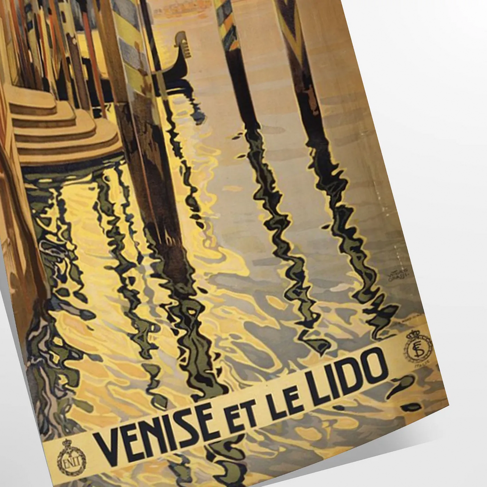 Stylized illustration of Venice canals with gondolas, in gray and black tones