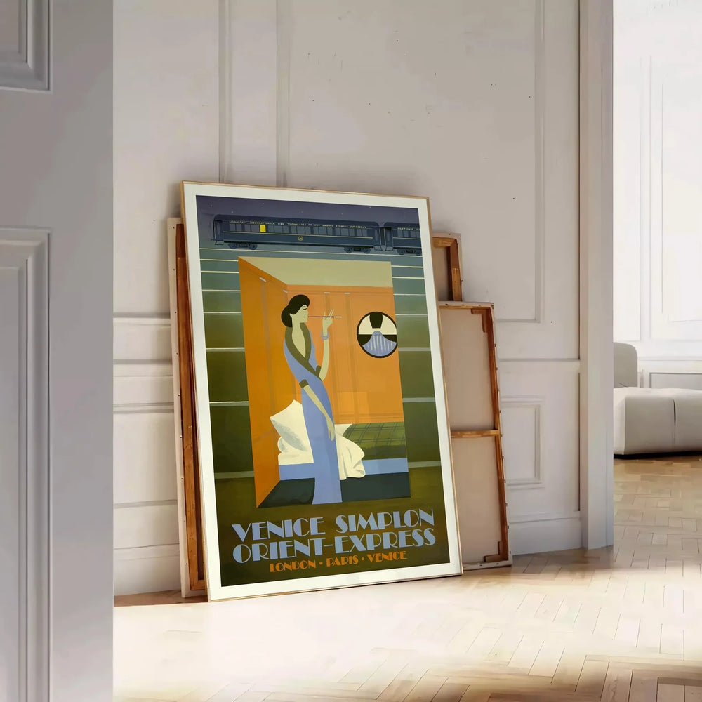 Vintage travel poster featuring the Venice Simplon train in rich browns and greens
