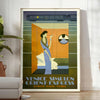 Vintage travel poster featuring the Venice Simplon train in rich browns and greens - in a bright minimalist room with a plant and an armchair