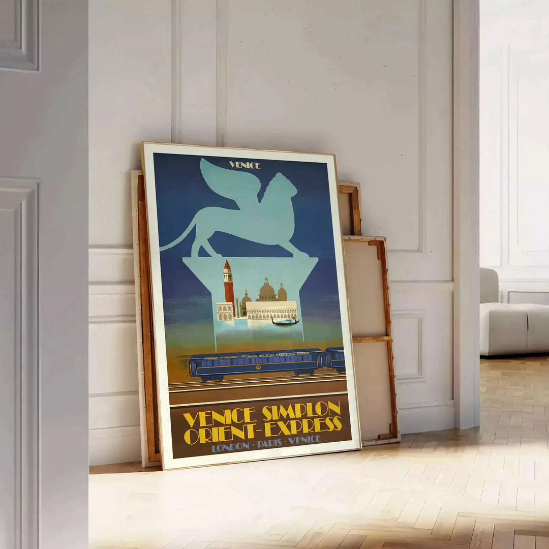 Vintage travel poster featuring the Venice Simplon train with orange and green hues - leaning on a herringbone floor against a white panelled wall