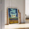 Vintage travel poster featuring the Venice Simplon train with orange and green hues - leaning on a herringbone floor against a white panelled wall