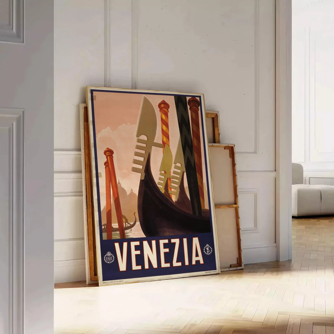 A vintage-style poster featuring iconic Venice canals and gondolas in green and black tones - leaning on a herringbone floor against a white panelled wall