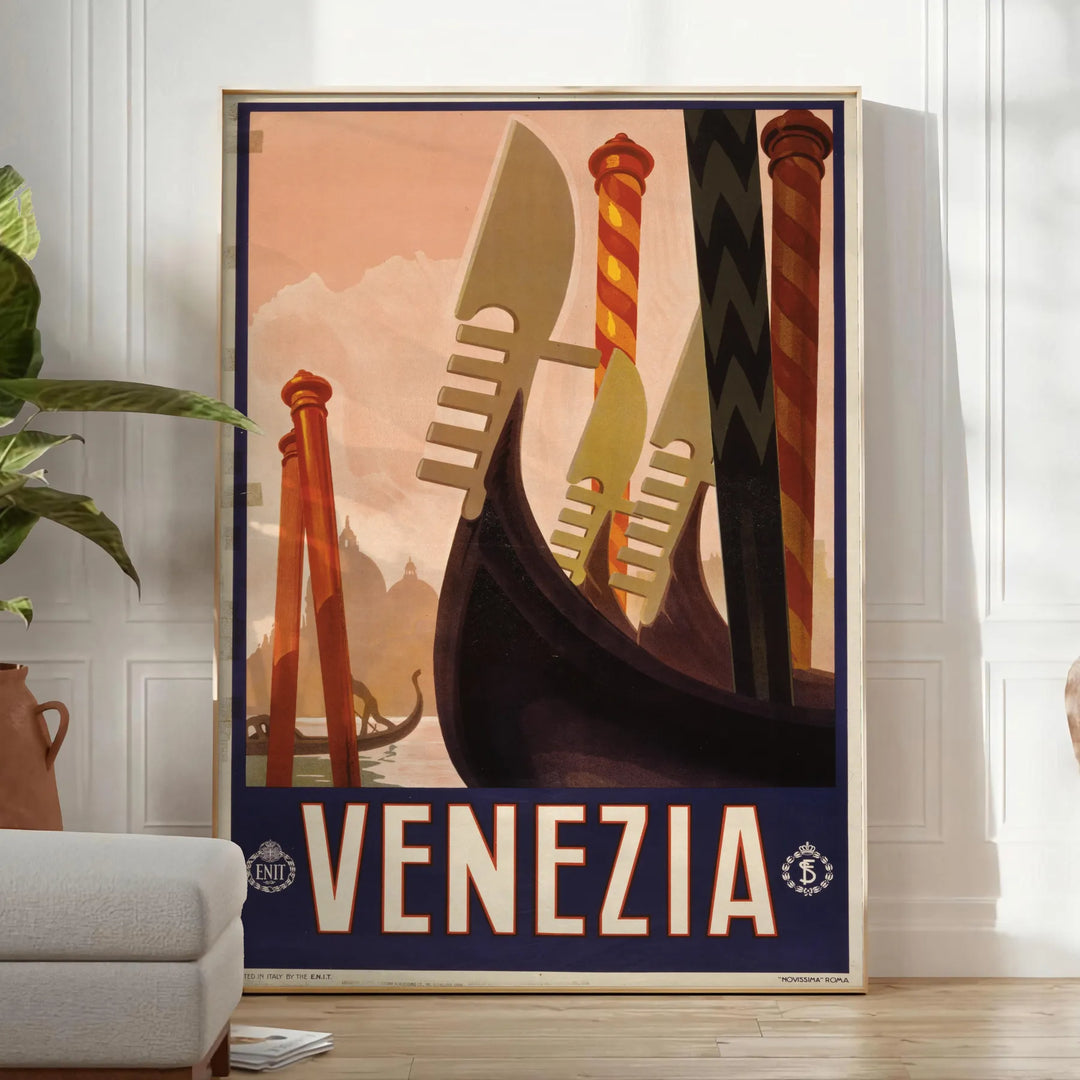 A vintage-style poster featuring iconic Venice canals and gondolas in green and black tones - in a bright minimalist room with a plant and an armchair