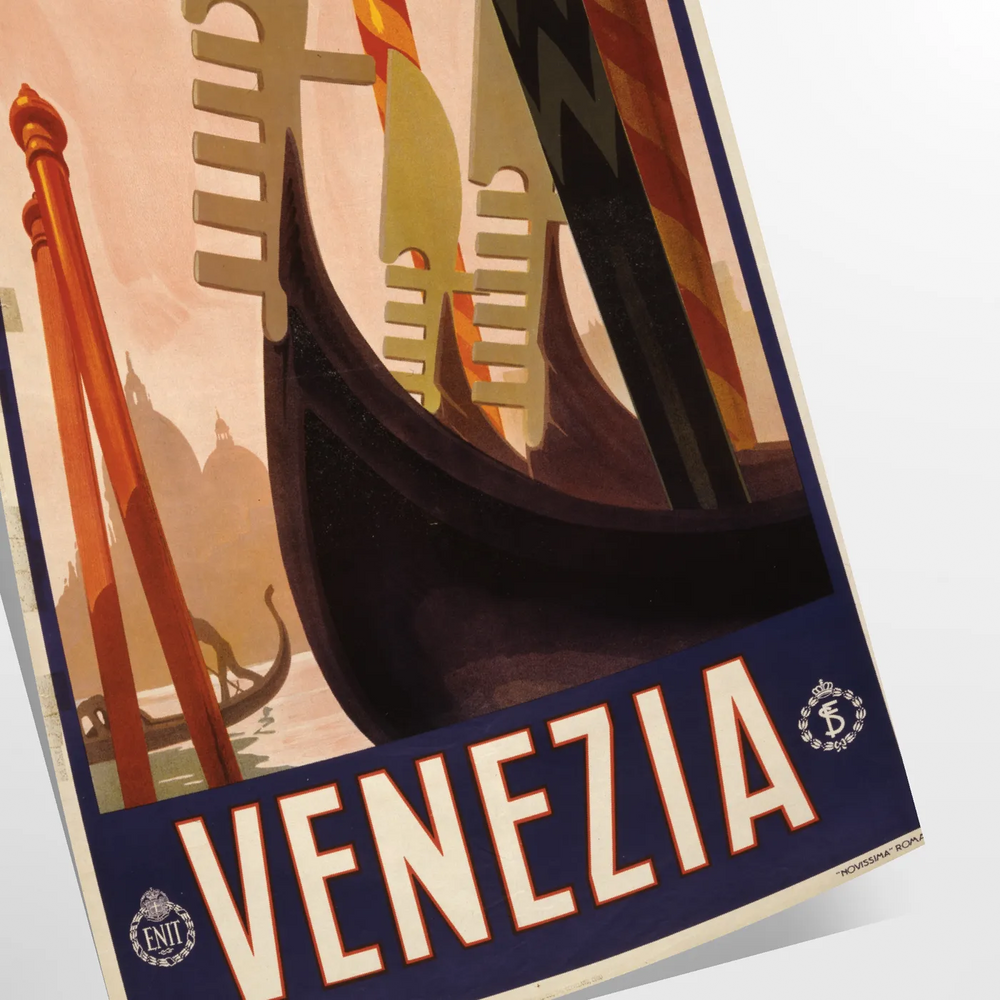 A vintage-style poster featuring iconic Venice canals and gondolas in green and black tones