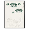 A vintage Japanese print featuring traditional motifs in green and white tones - in a black frame