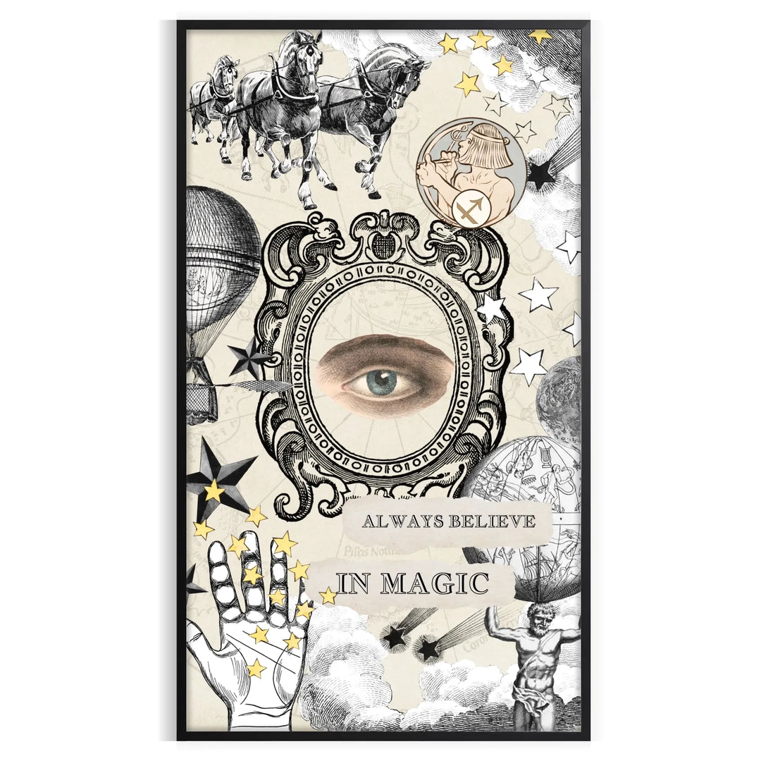 Vintage space illustration with green and blue tones featuring the phrase 'Always Believe in Magic'