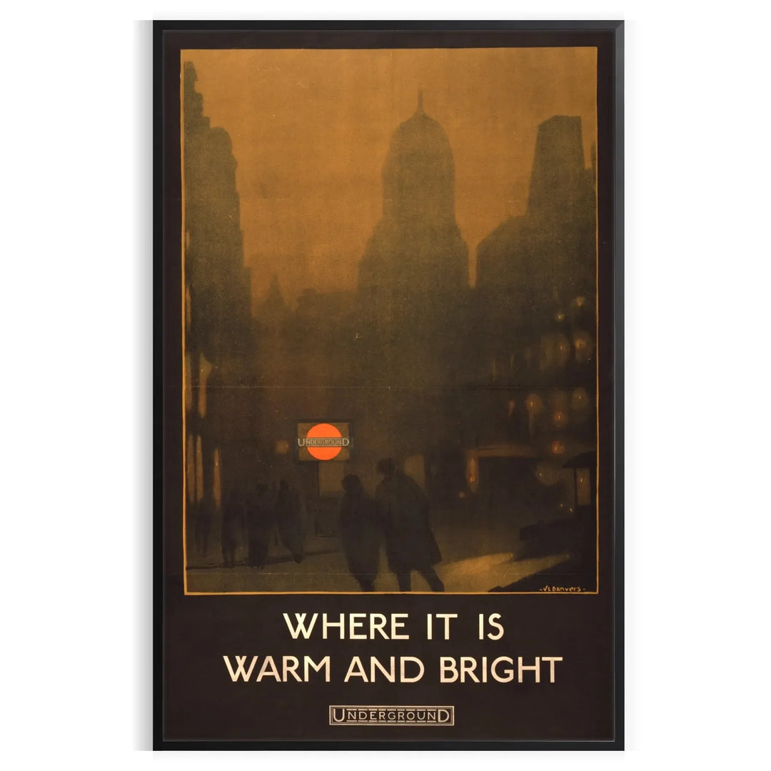 Vintage travel poster featuring a scenic landscape in rich browns and greens