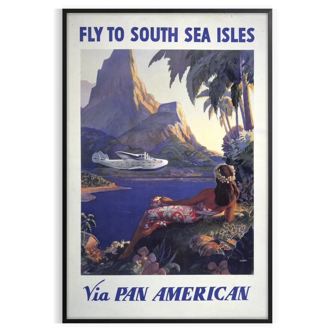 Vintage Pan American travel poster featuring retro airplane and muted gray-green tones