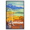 vintage poster of Queenstown featuring lush green landscapes and serene blue skies - in a black frame