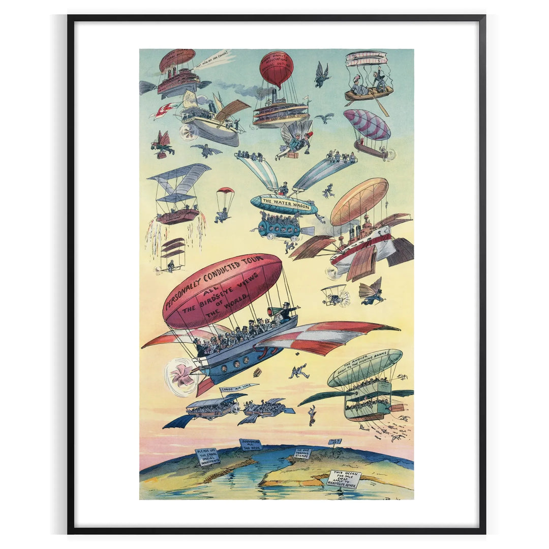 A vintage travel poster featuring a flying wagon against a gray-blue background