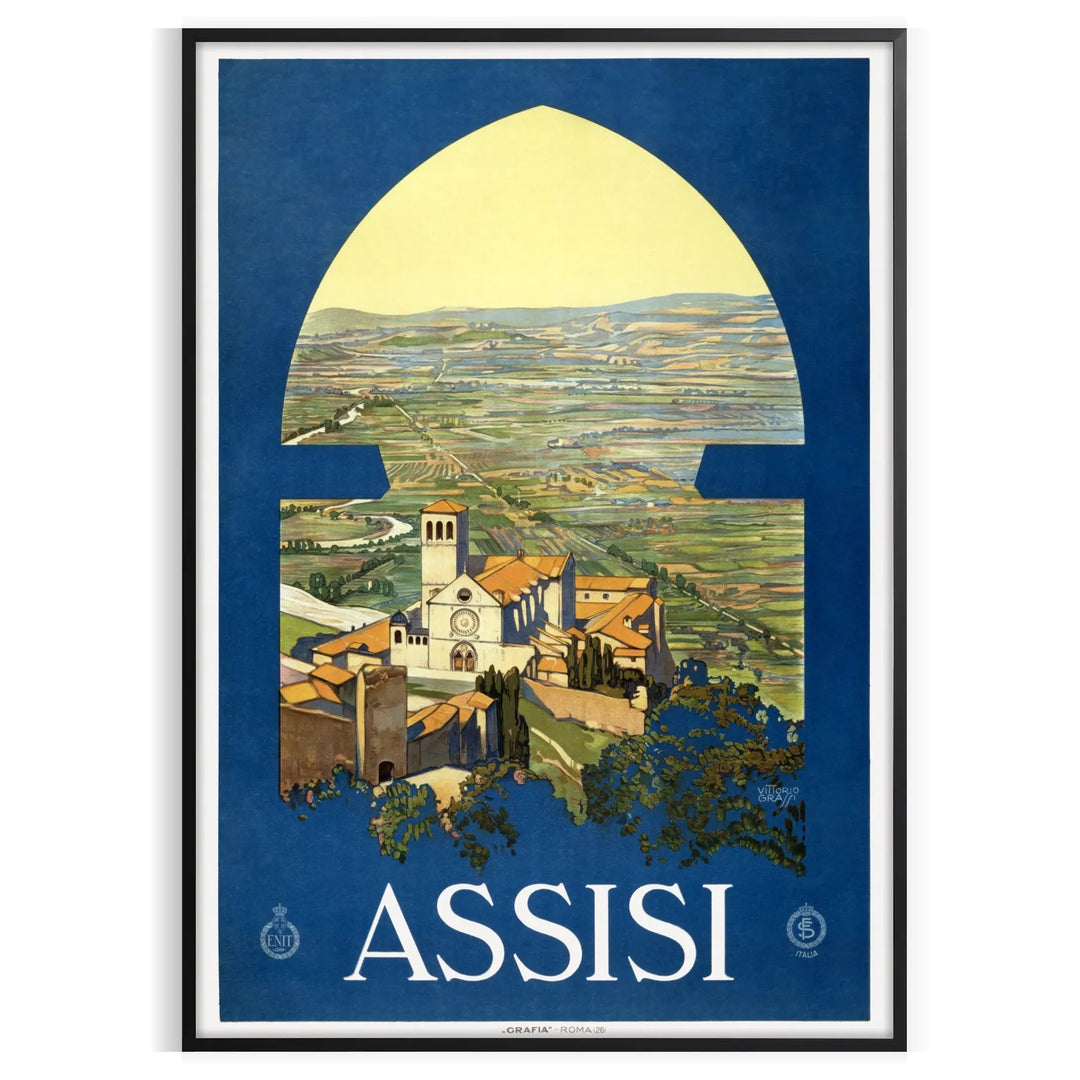 Vintage travel poster of Assisi hilltop town in green and blue