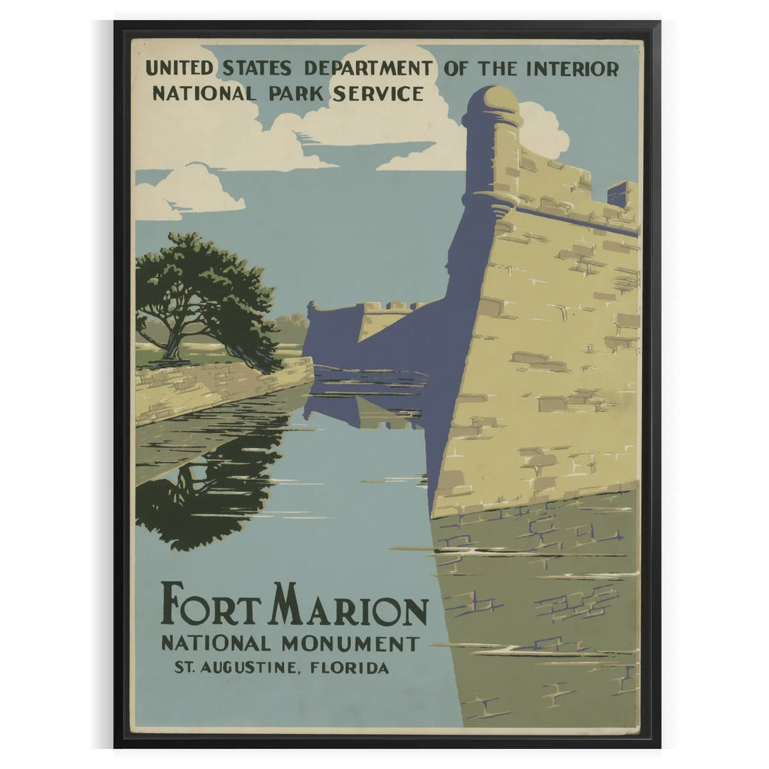 Vintage travel poster of Fort Marion featuring green and gray tones