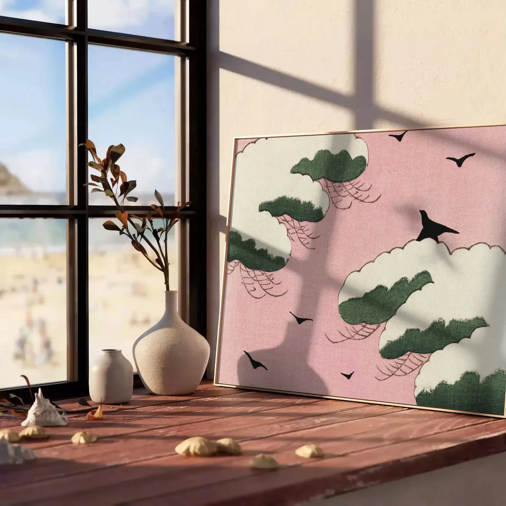 A vintage Japanese print featuring a bird in earthy tones of brown and green