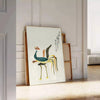 Illustration of a vintage Japanese bird in soft yellow and green tones - leaning on a herringbone floor against a white panelled wall
