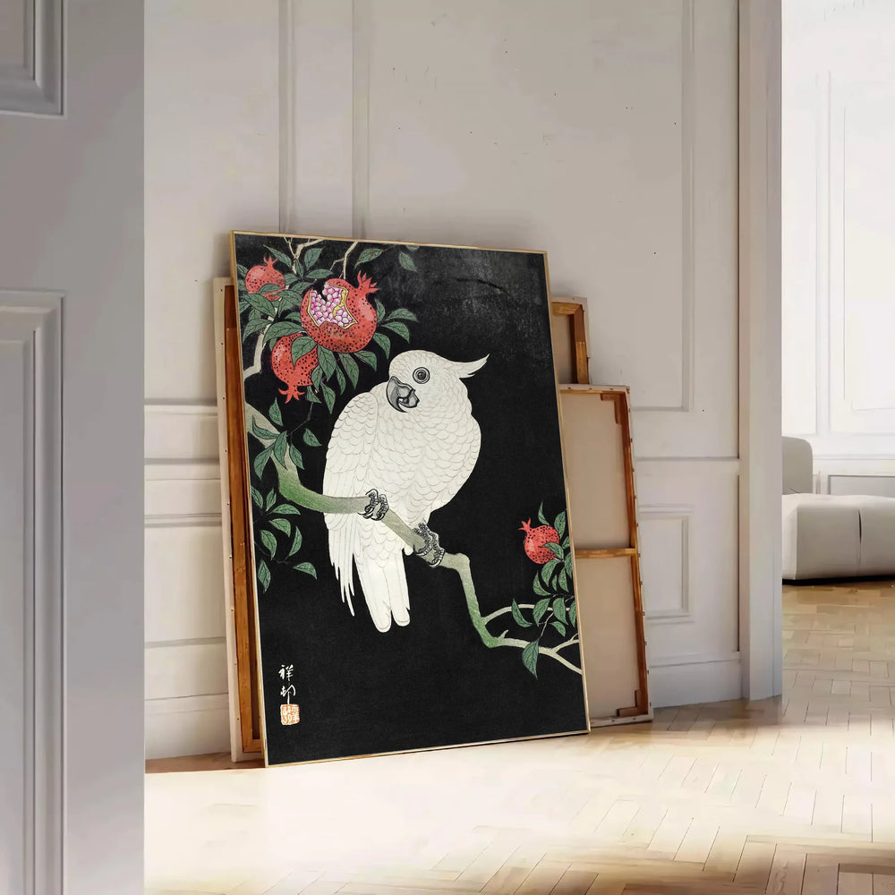 A vintage-style illustration of a bird in orange and black tones