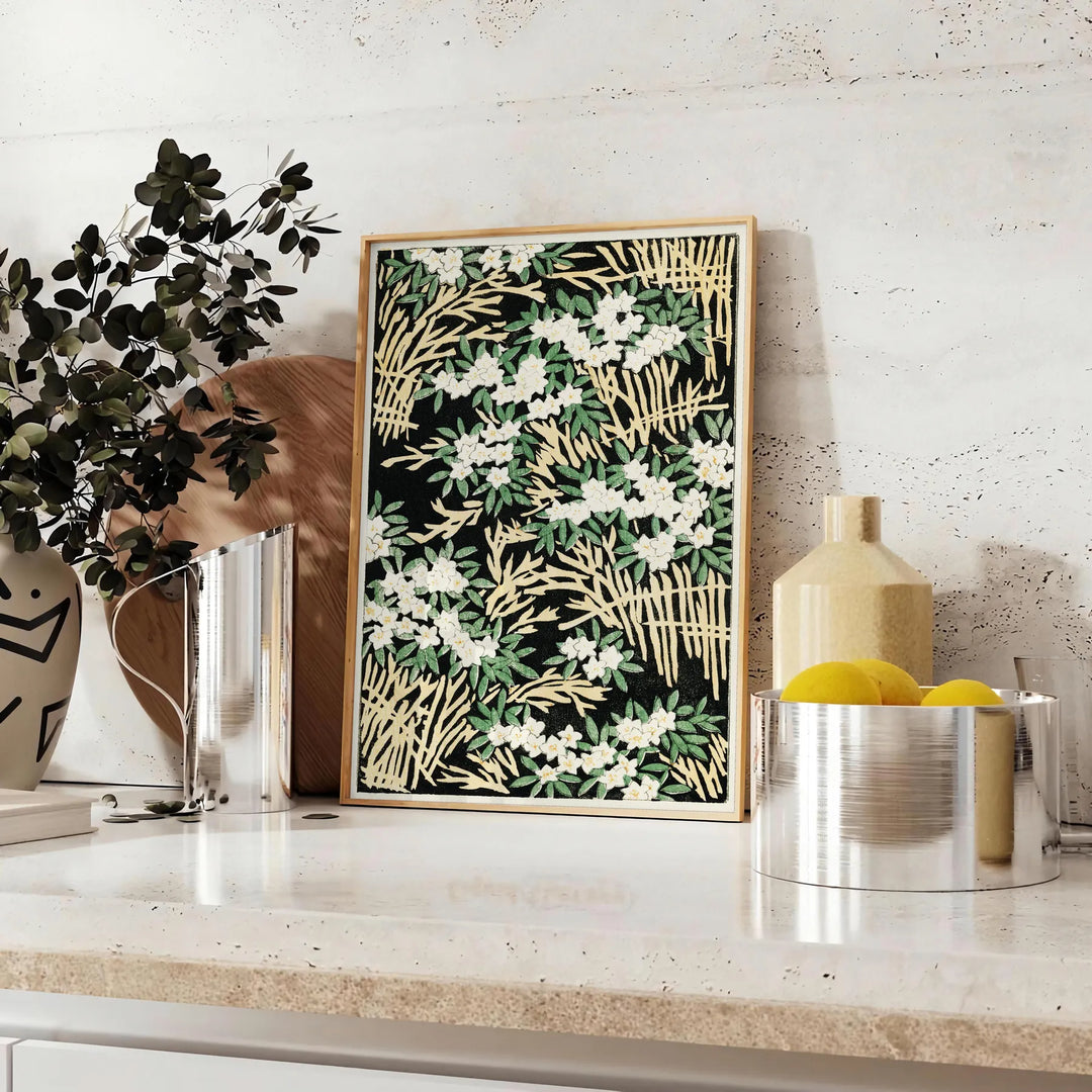 Vintage Japanese artwork featuring traditional motifs in earthy tones - styled on a counter with eucalyptus and a bowl of lemons